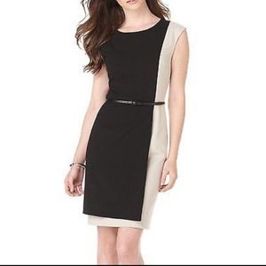 Calvin Klein Black & White Sheath Belted Faux Wrap Sleeveless Midi Dress